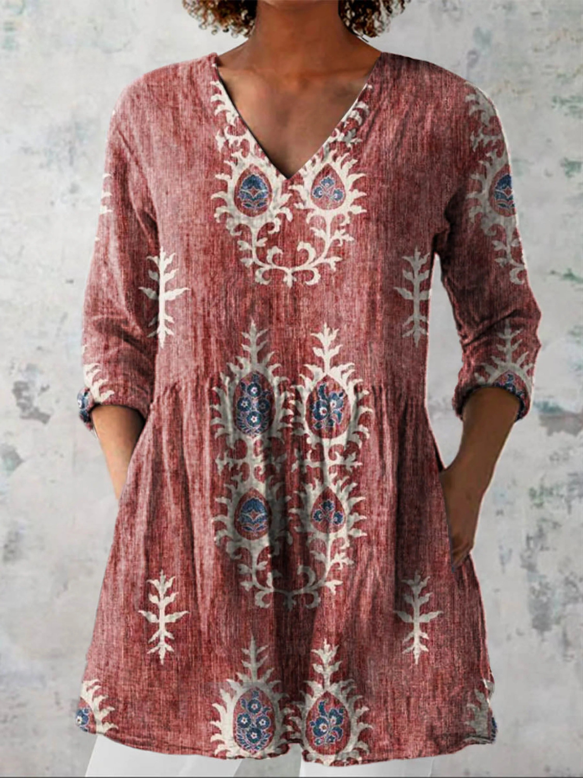 ELISE | Floral Print Long V-Neck Blouse