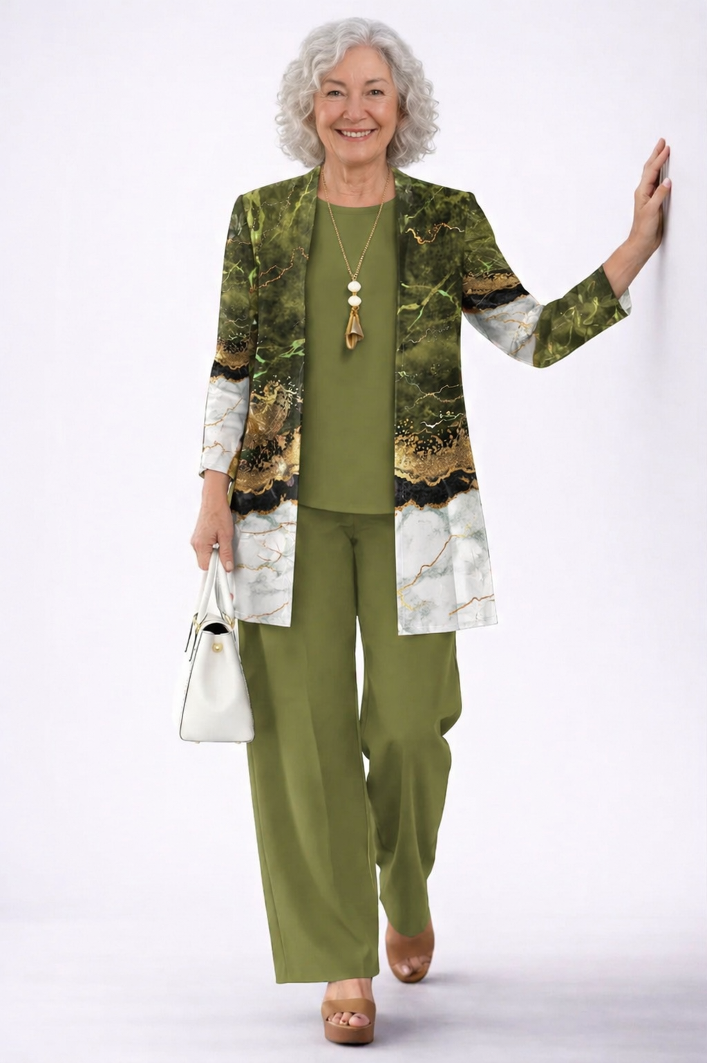 DEBORAH | Marble Print Olive Green Three-Piece Trouser Set