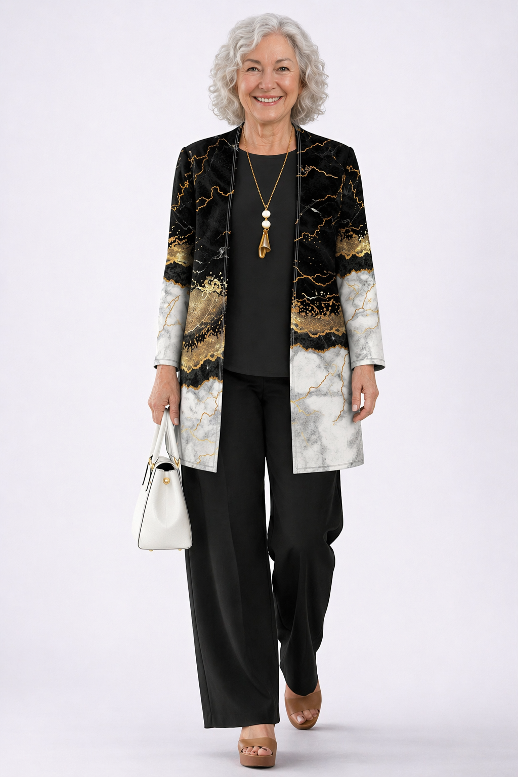 YVONNE | Marble Print Black Three-Piece Trouser Set