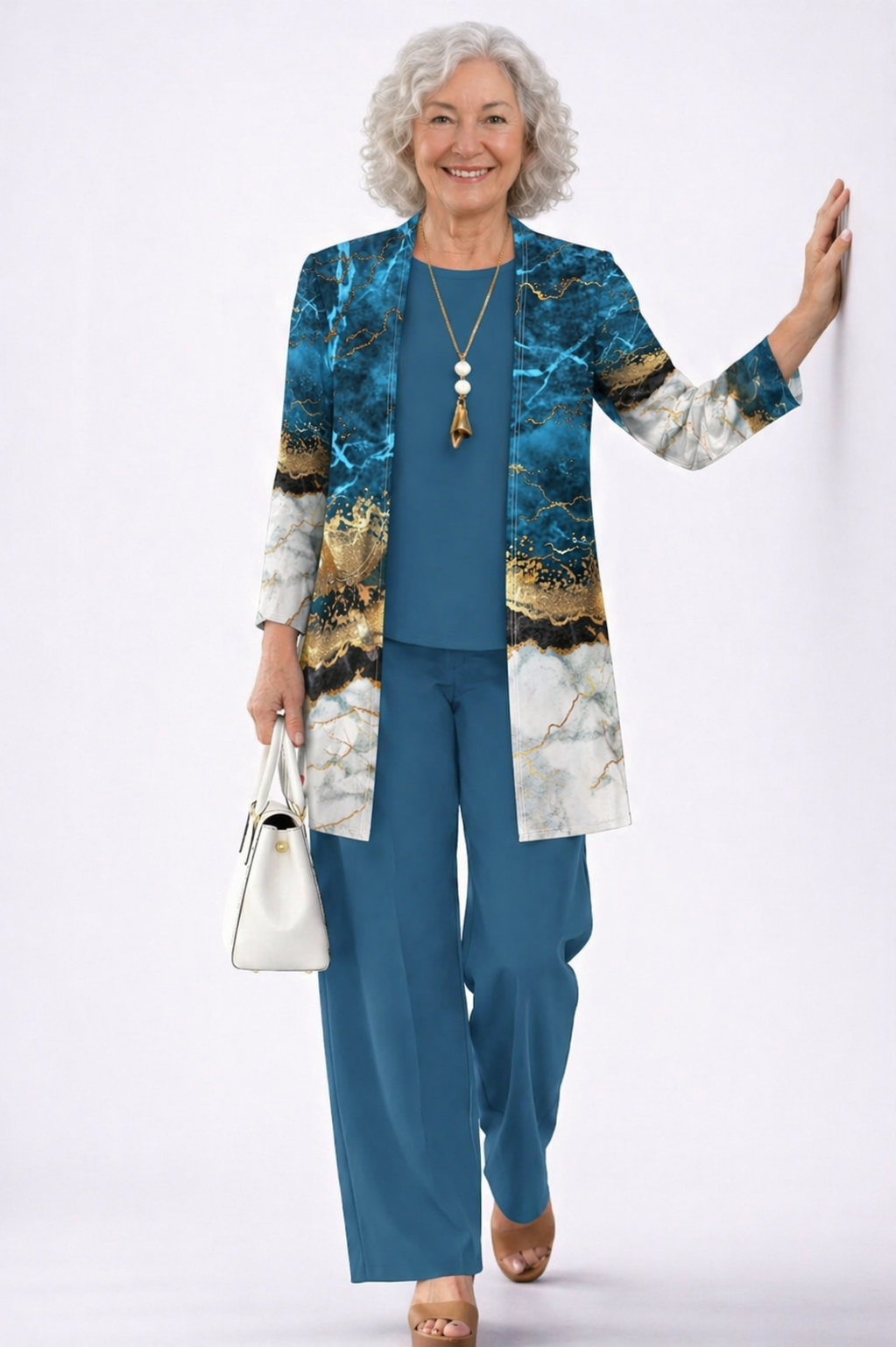 TERESA | Marble Print Teal Three-Piece Trouser Set