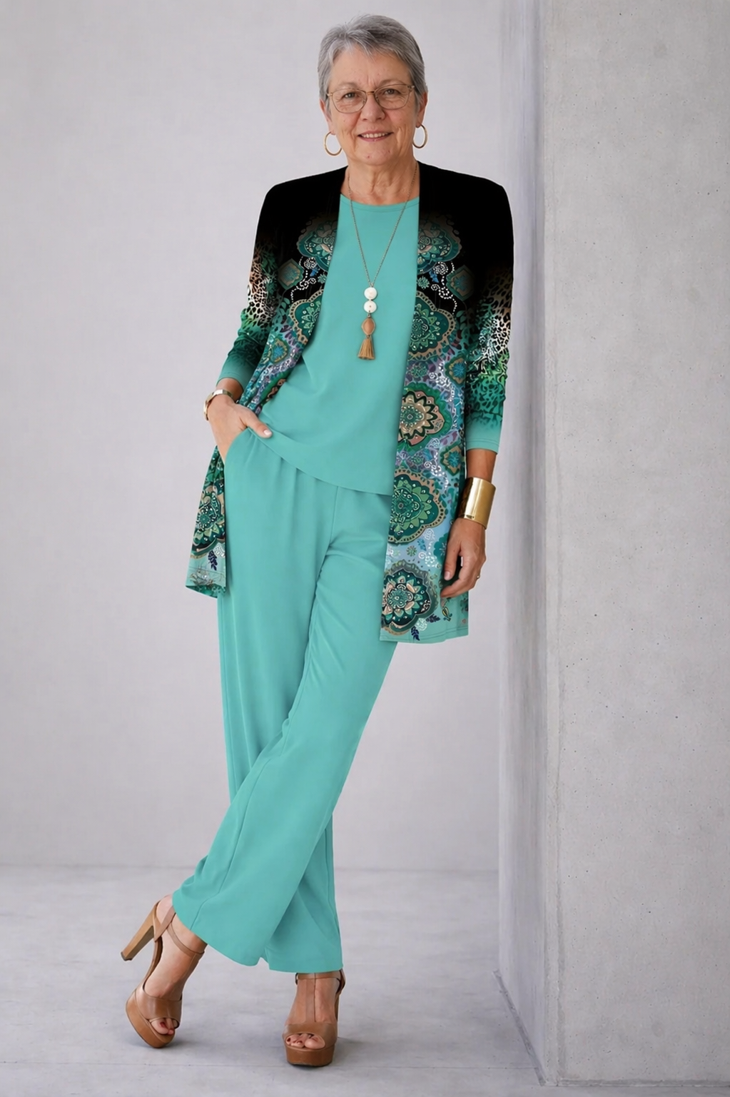 GILLIAN | Open-Front Teal Three-Piece Trouser Set