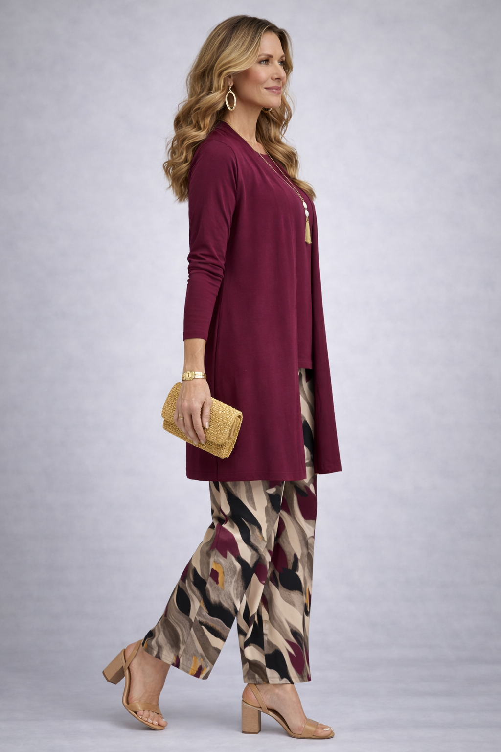 FIAMMA | Abstract Print Berry Three-Piece Trouser Set