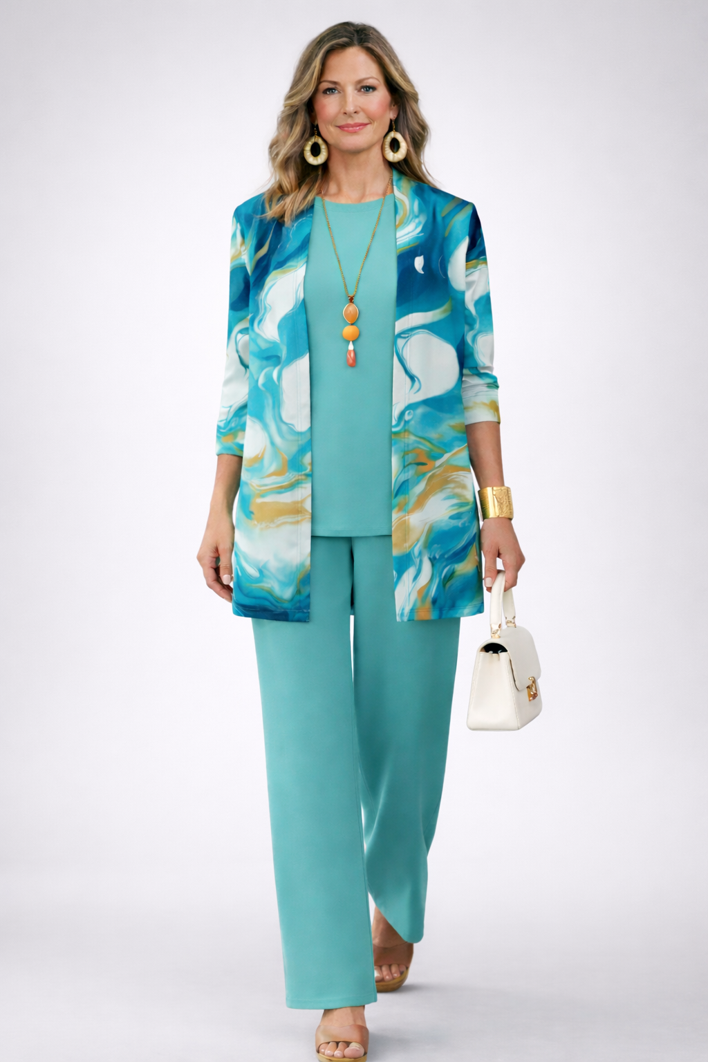 GALENA | Marble Print Blue Three-Piece Trouser Set