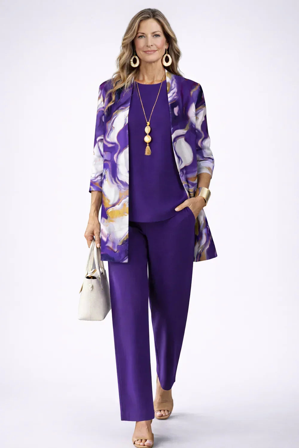 MARGARET | Marble Print Purple Three-Piece Trouser Set
