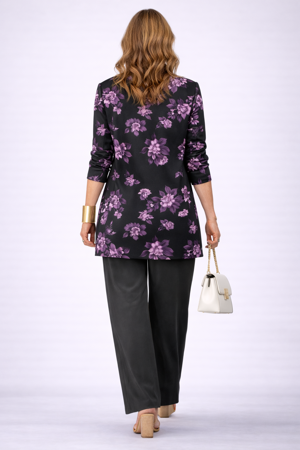 HELIA | Floral Print Purple Three-Piece Trouser Set