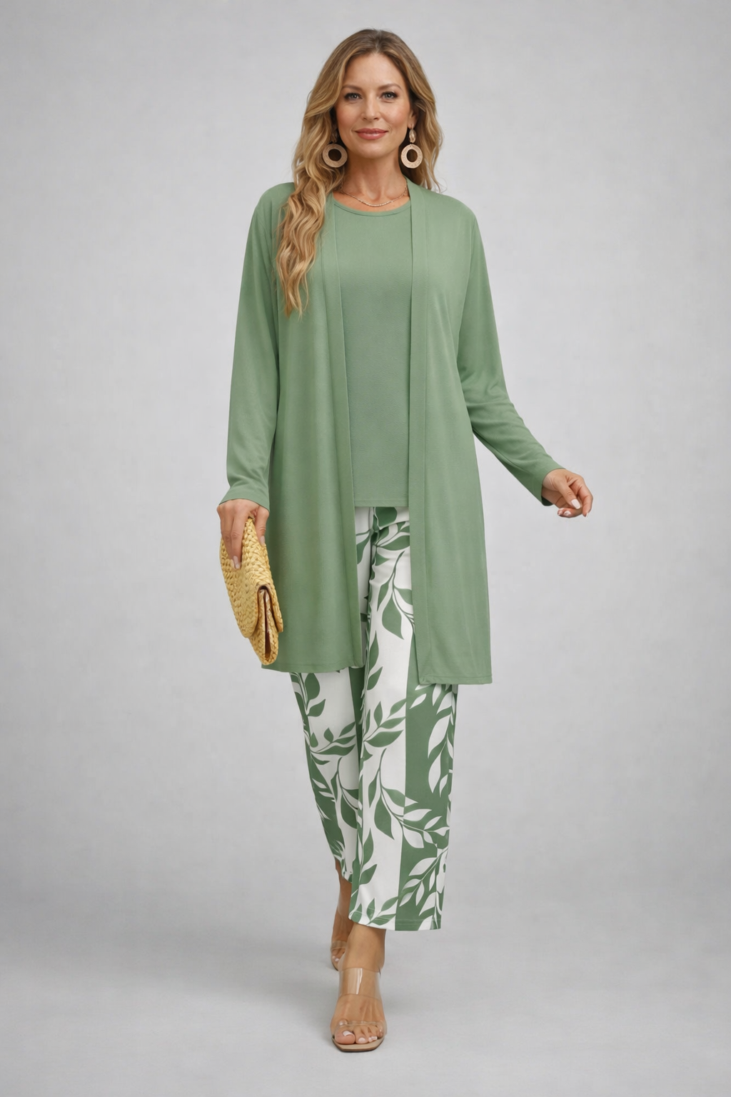 EIRWEN | Botanical Print Sage Green Three-Piece Trouser Set