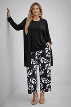 EPONINE | Leaf Print Black Three-Piece Trouser Set