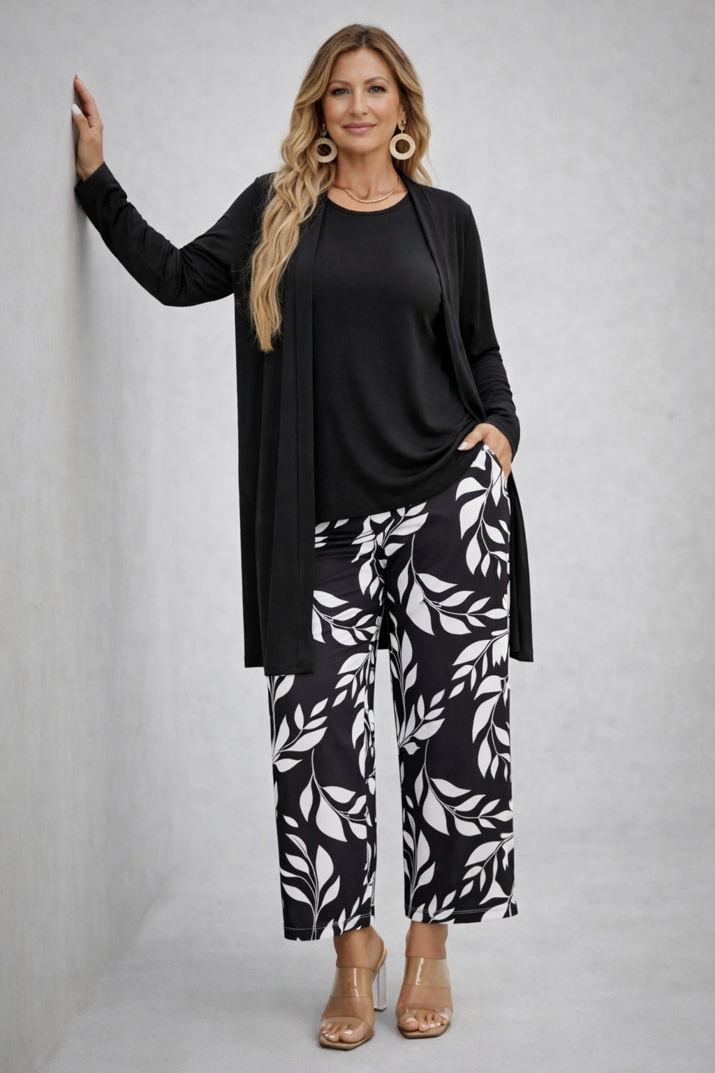 EPONINE | Leaf Print Black Three-Piece Trouser Set