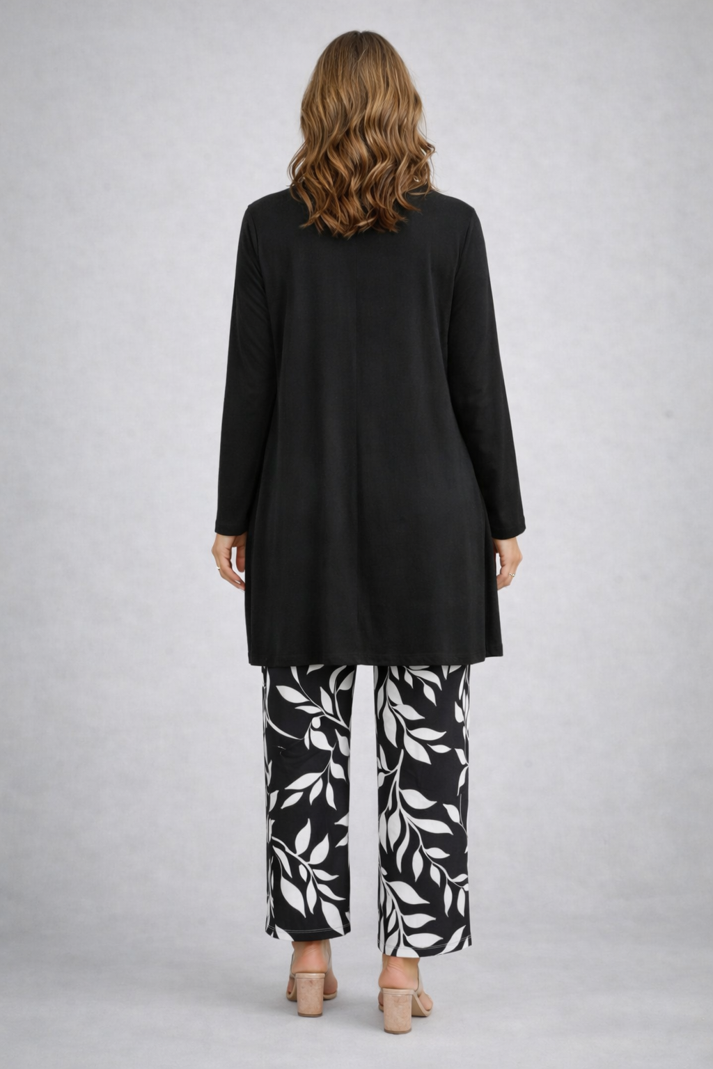 EPONINE | Leaf Print Black Three-Piece Trouser Set