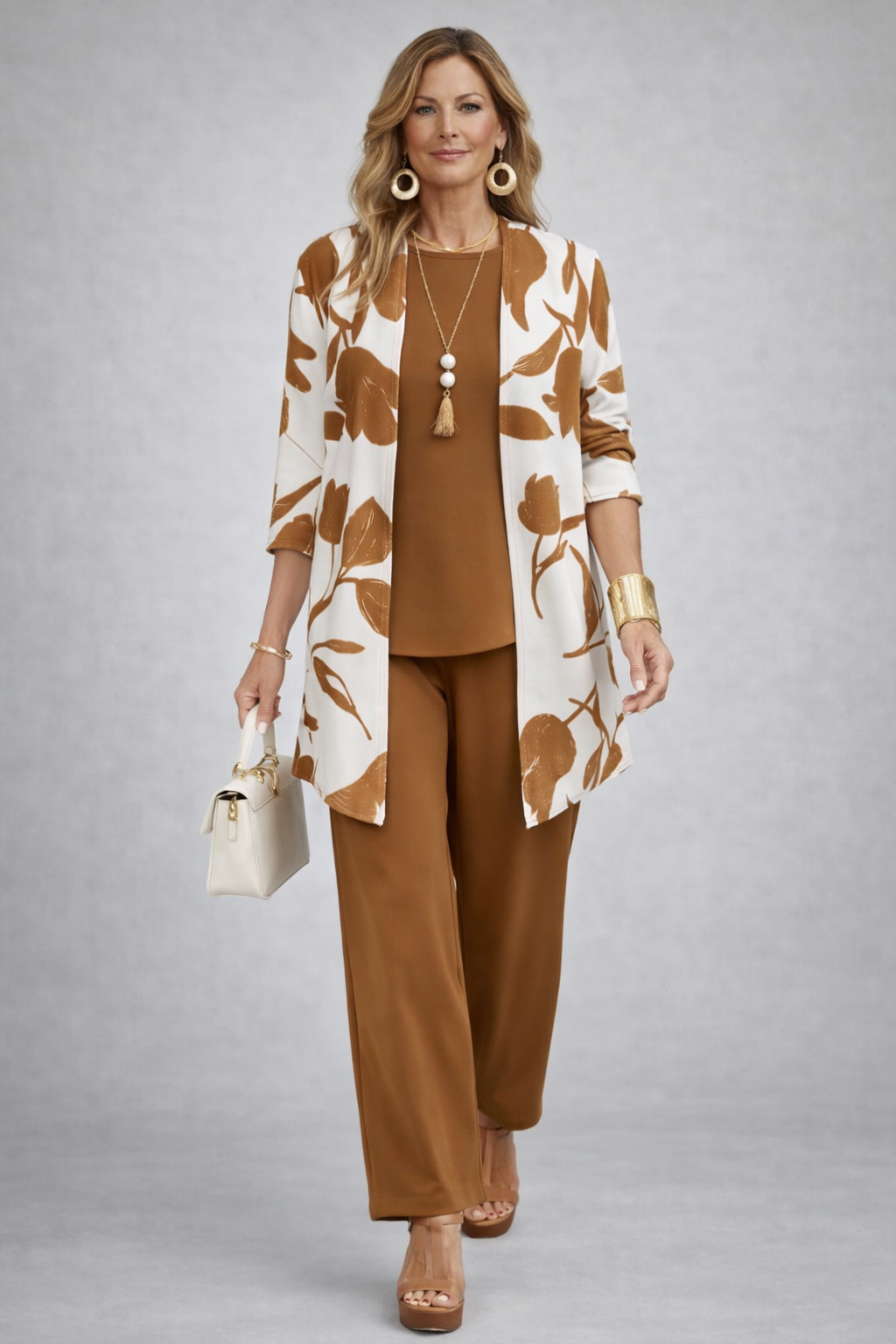 ESMERAY | Leaf Print Caramel Three-Piece Trouser Set