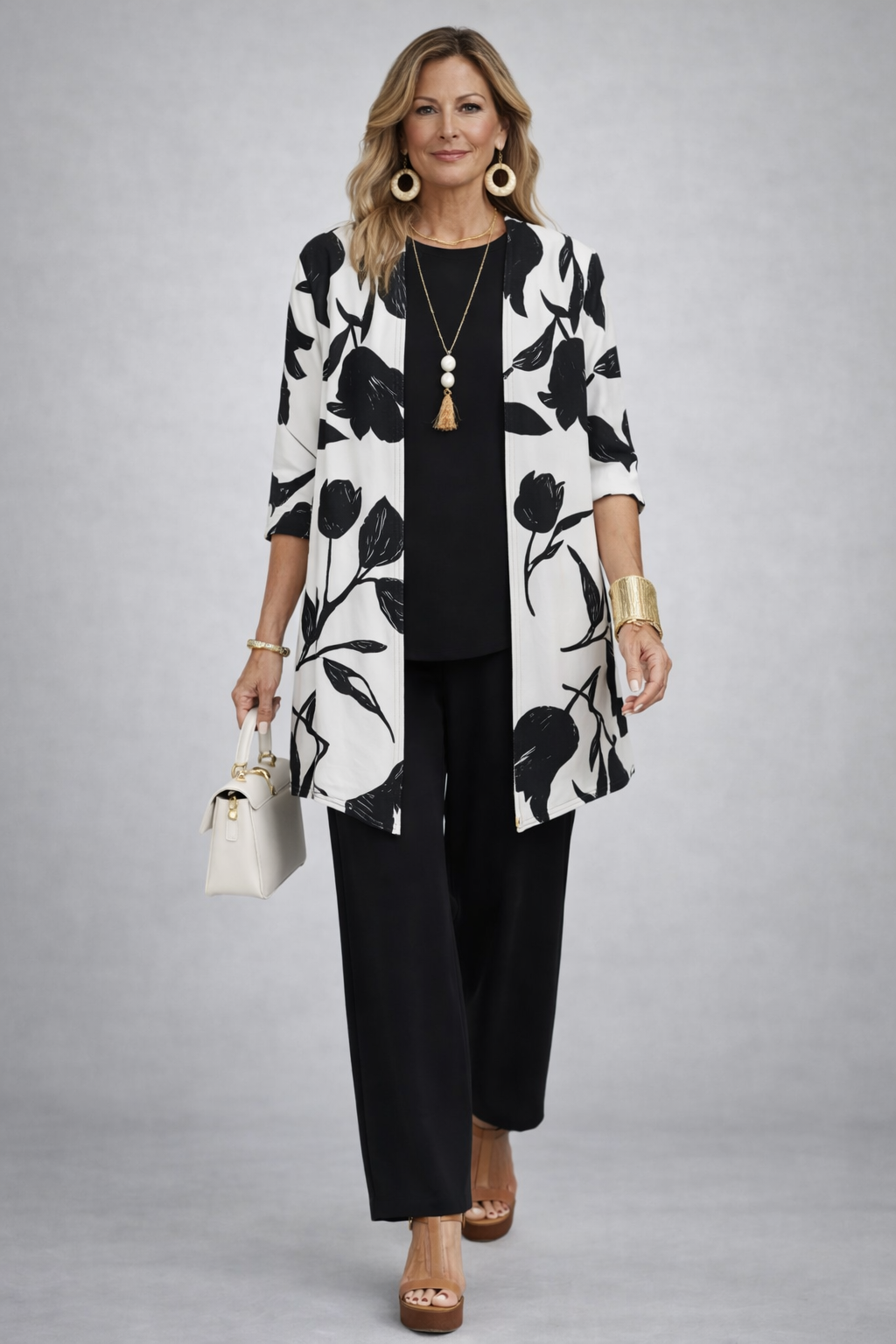 ETHELINE | Tulip Print Ivory Three-Piece Trouser Set