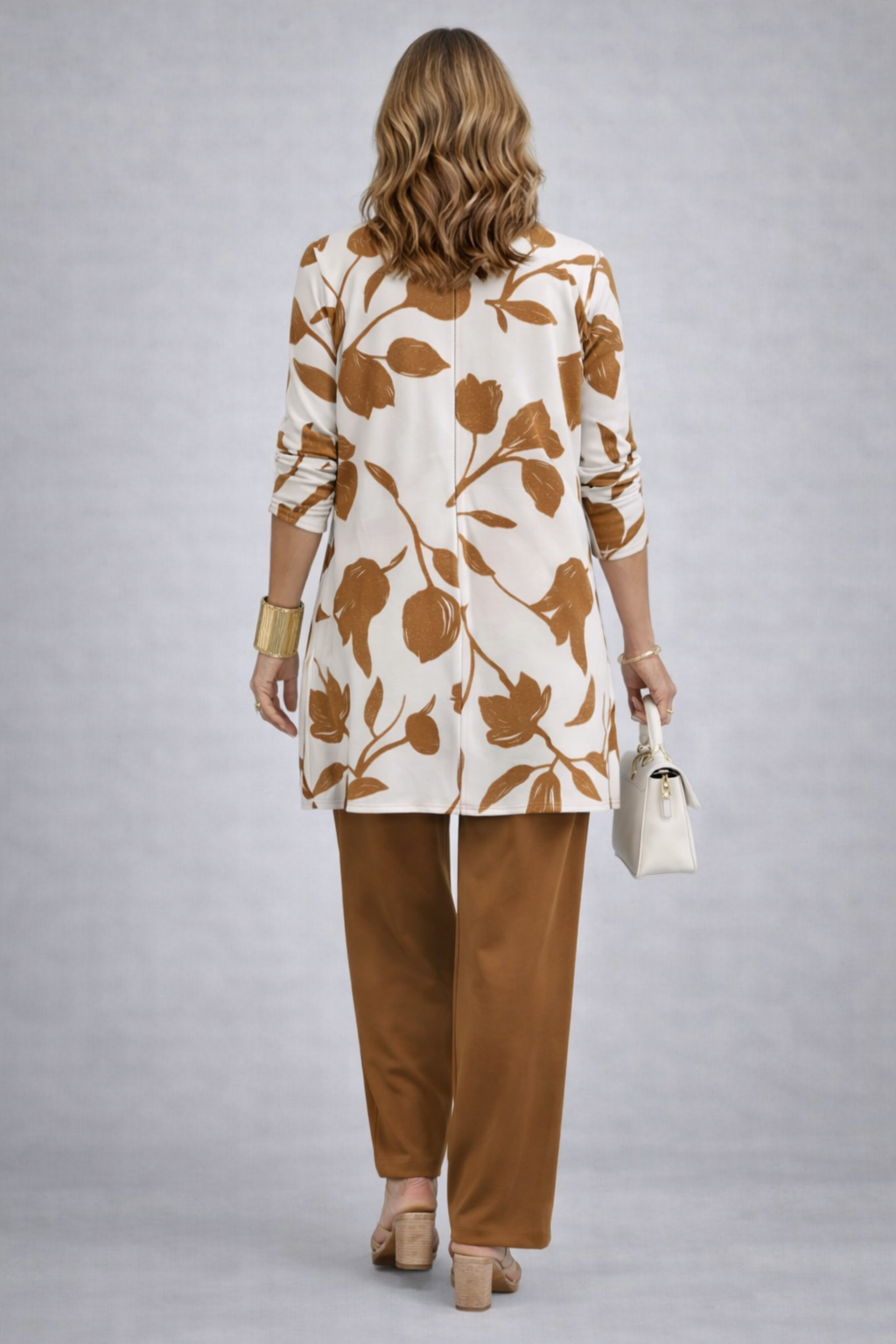 ESMERAY | Leaf Print Caramel Three-Piece Trouser Set