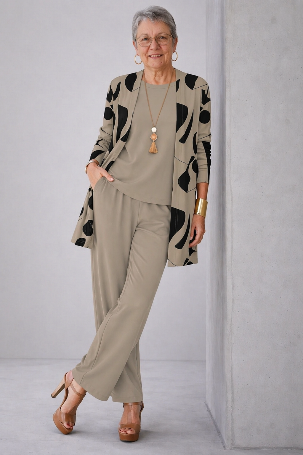 SHEILA | Abstract Print Taupe Three-Piece Trouser Set Open-Front