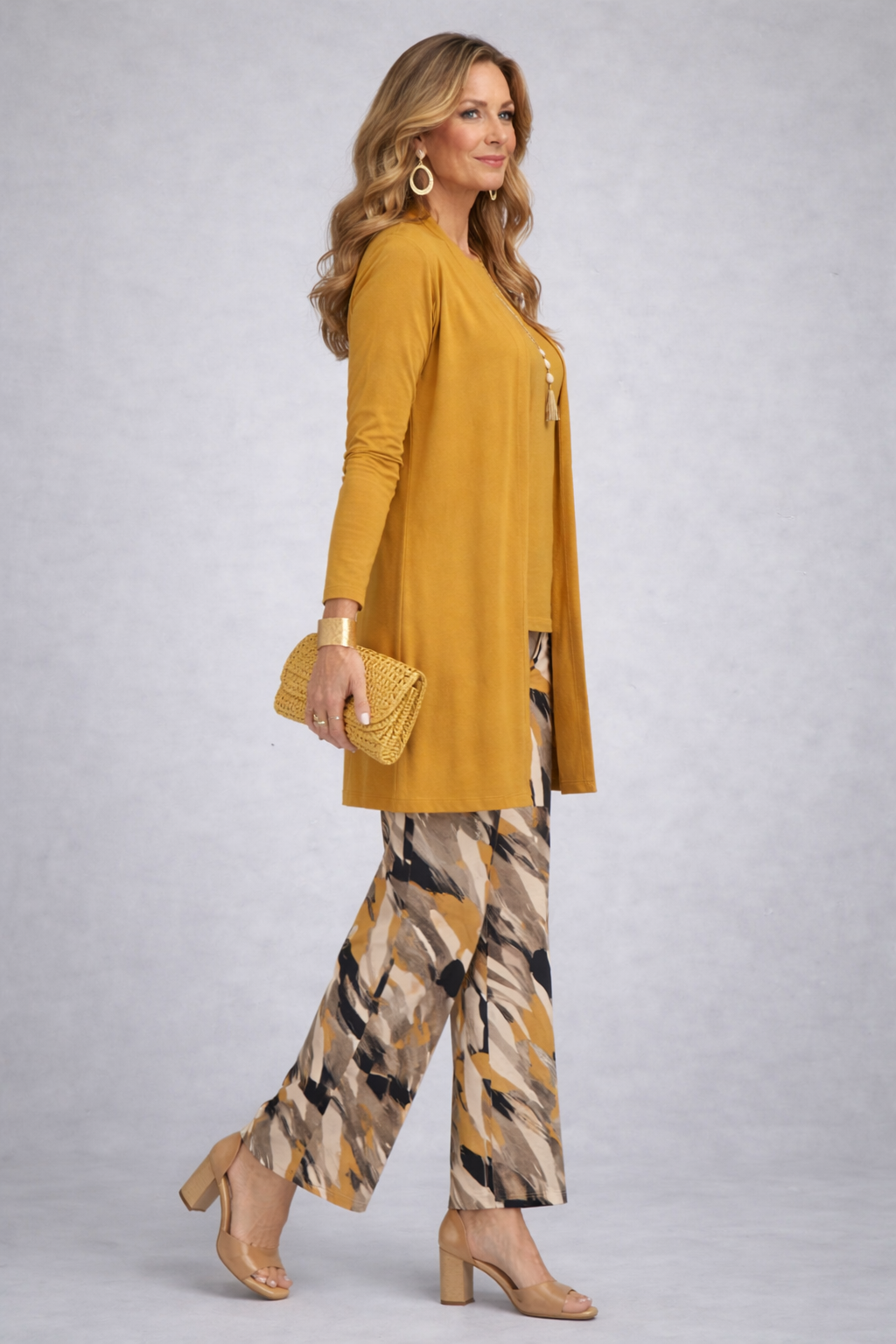 FAELINA | Open-Front Mustard Three-Piece Trouser Set