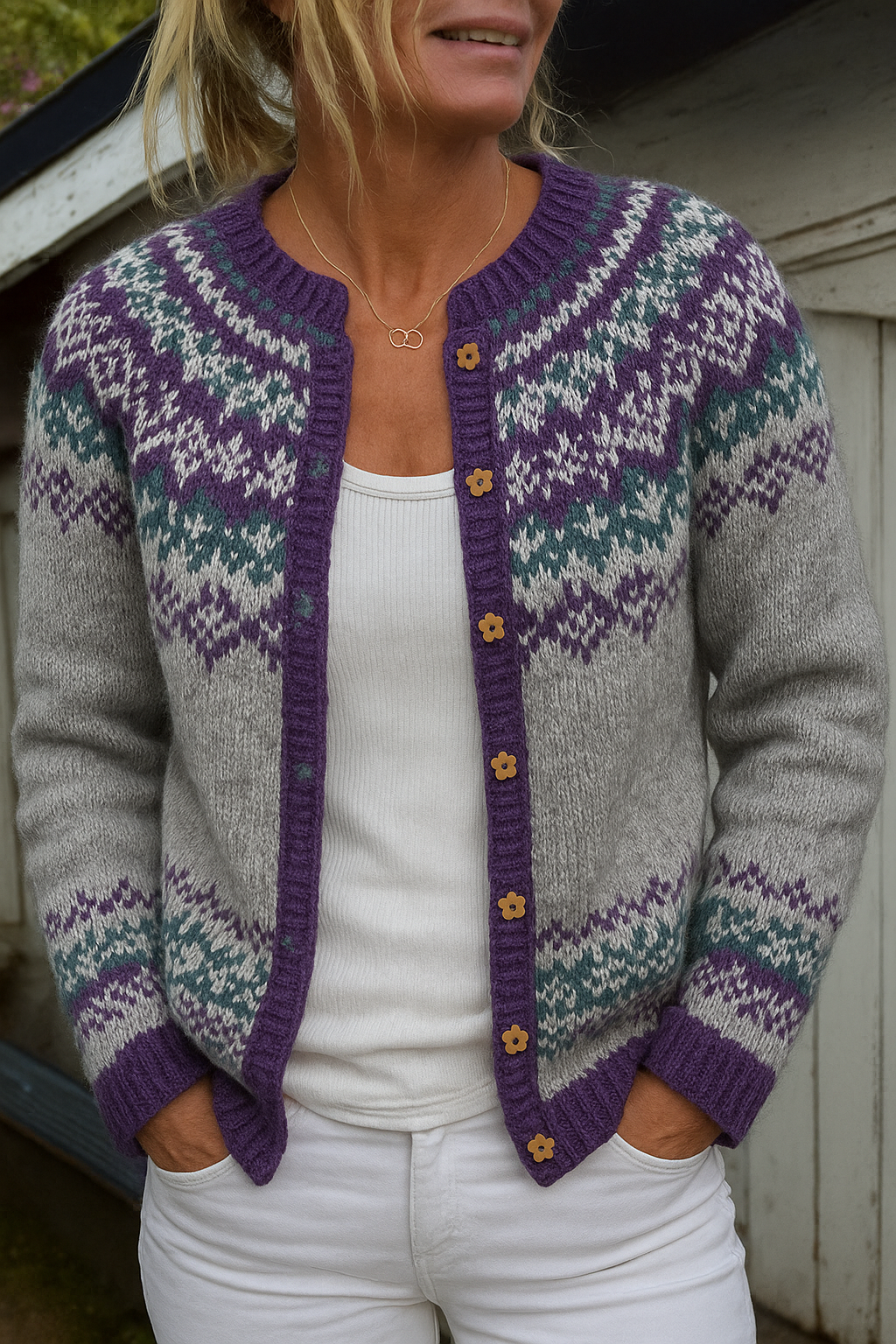 NAOMI | Floral Print Purple Nordic Knit Cardigan Ribbed