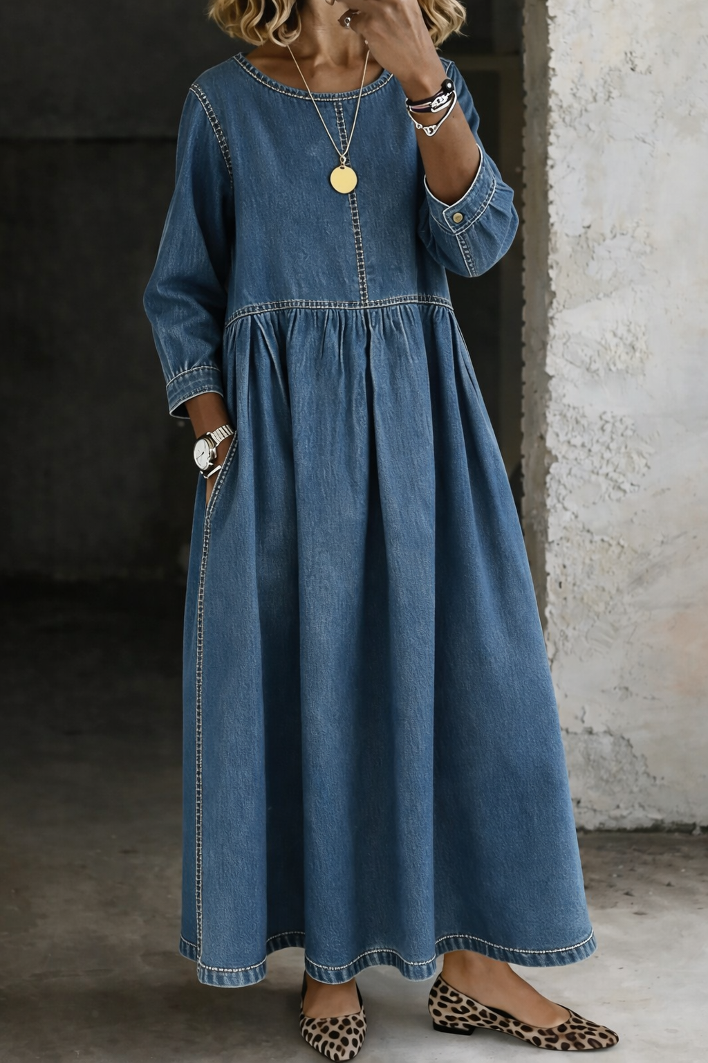 MELISSA | Round Neck Long Sleeve Denim Dress