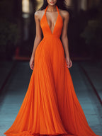 VESPERINA | V-Neck Halter Pleat Maxi Dress