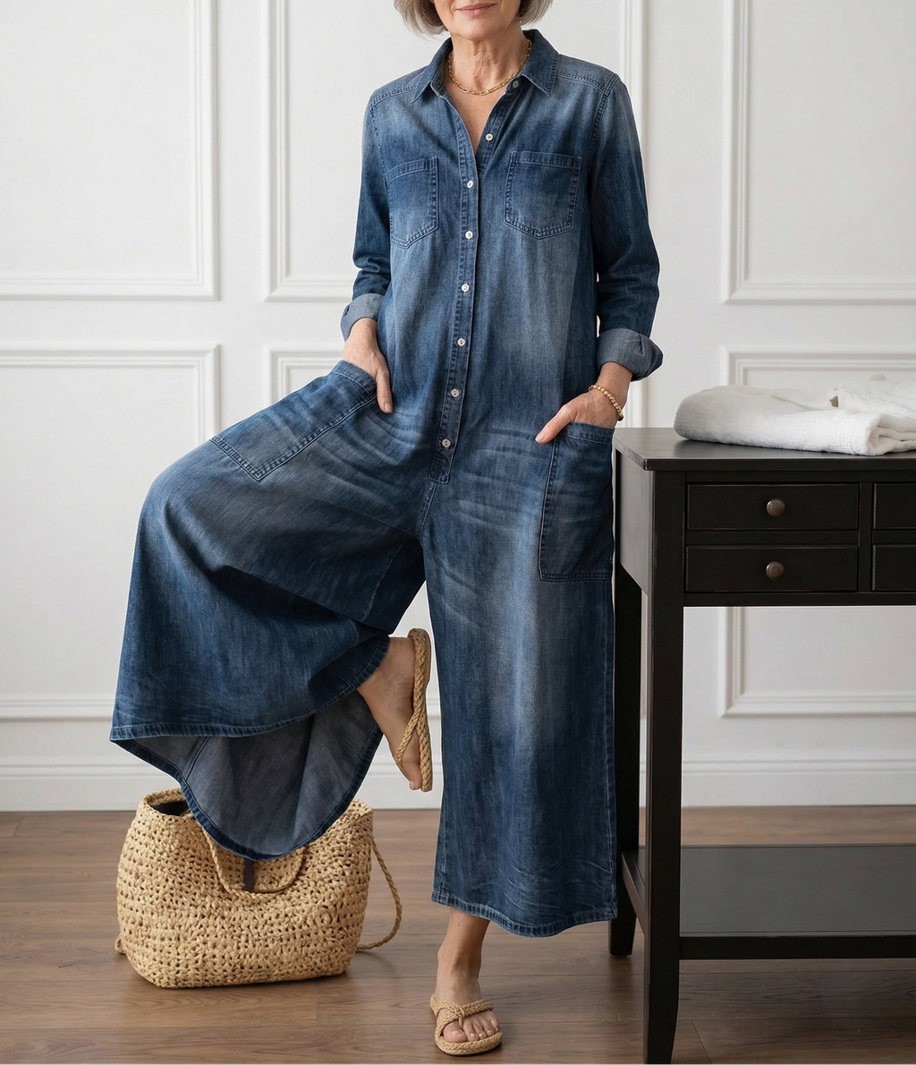 Vintage Washed Soft Denim Jumpsuit With Button Closure