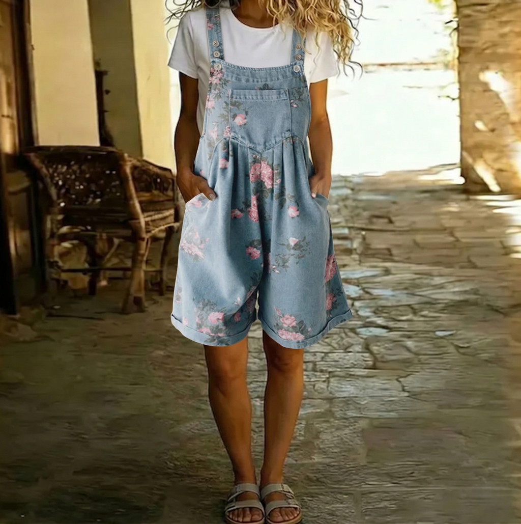 SAYLOR | Vintage Washed Soft Denim Floral Jumpsuit