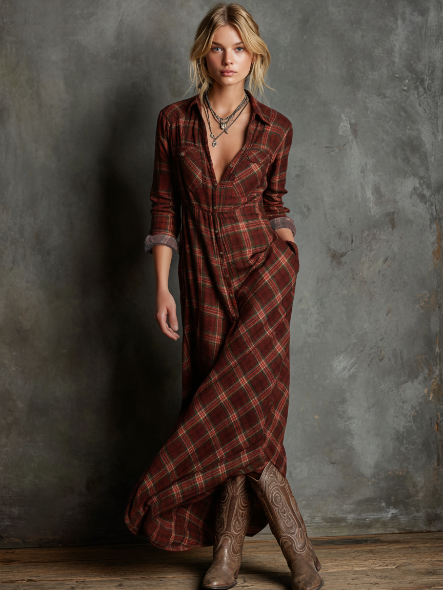 AILENE | Classic Green Plaid Shirt Dress