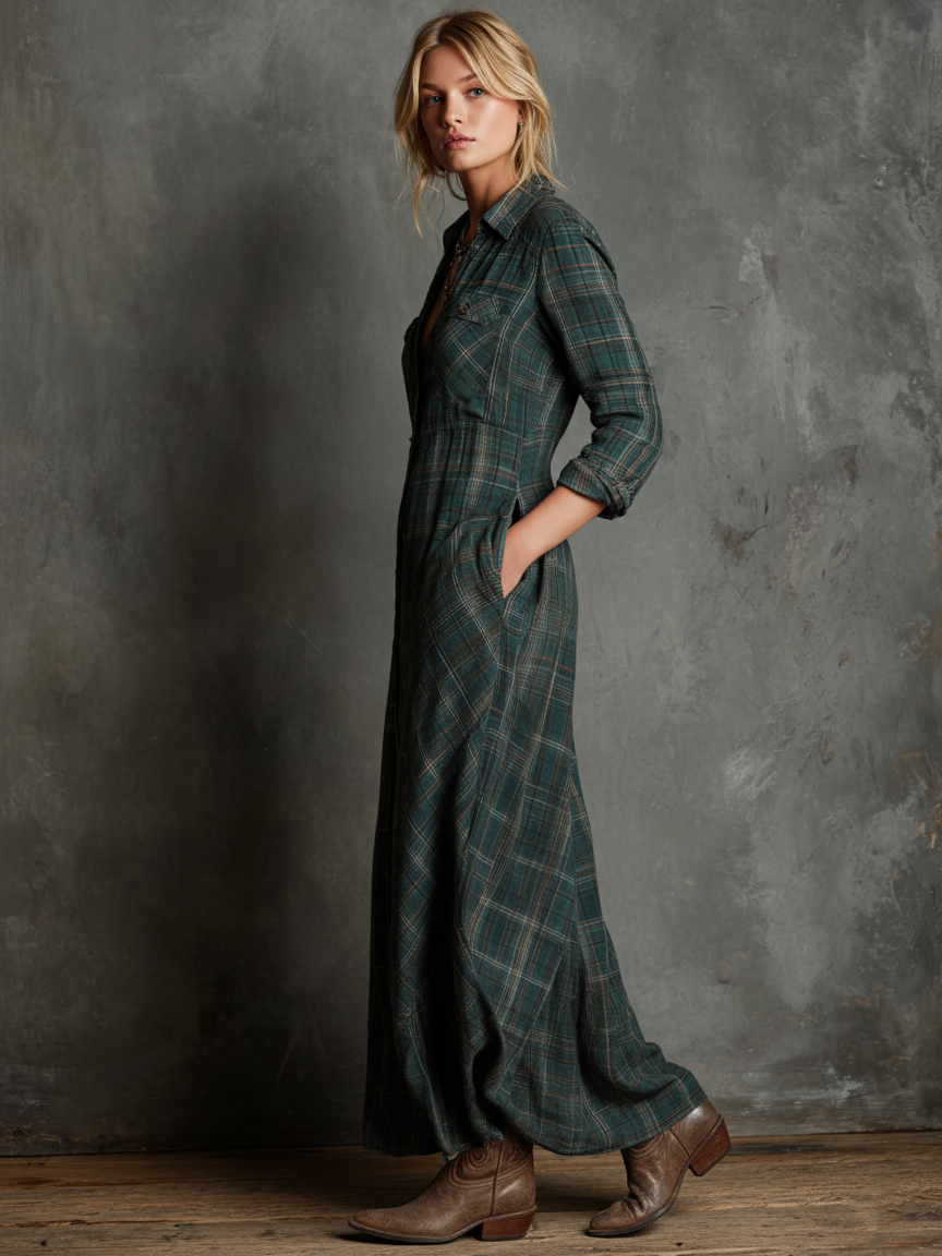 AILENE | Classic Green Plaid Shirt Dress