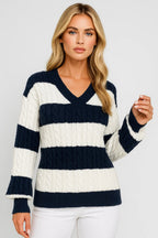 MIRELLE | V-Neck Cable-Knit Striped Sweater