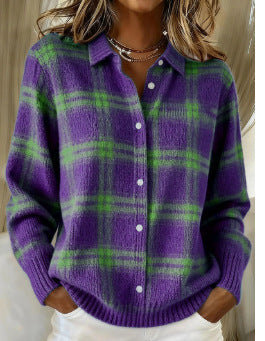 MARILOU | Checked Purple Soft Hoodie Blouse With Check Pattern