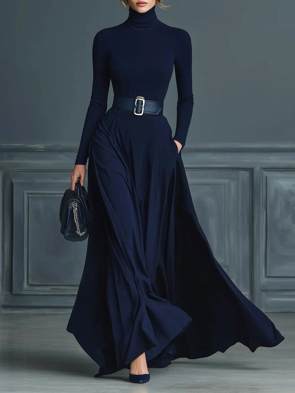 CORLISS | Navy High-Neck Maxi Dress