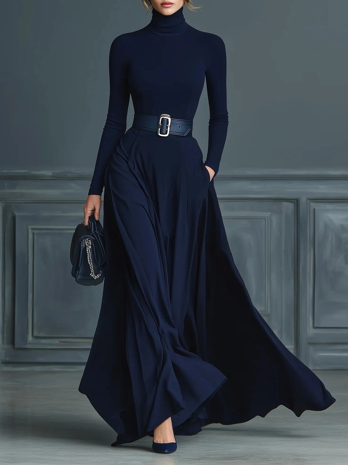CORLISS | Navy High-Neck Maxi Dress