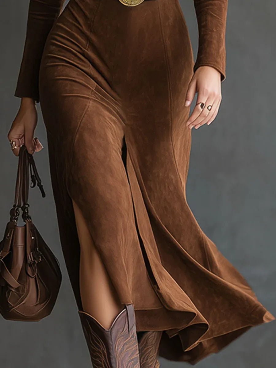 FELICITY | Retro Western Style Lapel Slit Midi Dress (Includes Belt)