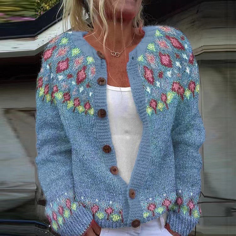 QUINN | Floral Print Nordic Knit Cardigan Embroidered