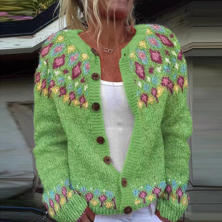 RUBY | Floral Print Nordic Knit Cardigan Ribbed