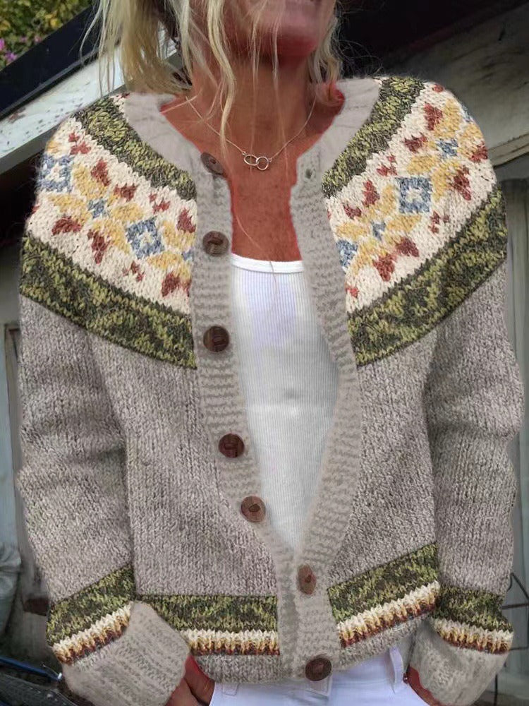 FALL | Geometric Print Rust Nordic Knit Cardigan