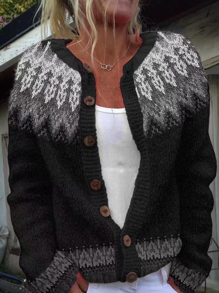 NEVA | Printed Black Nordic Knit Cardigan