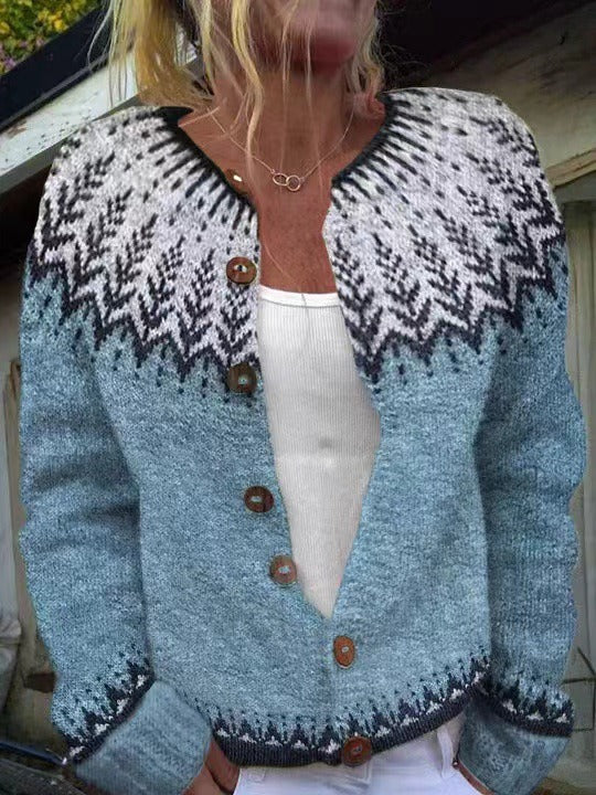 CORA | Ribbed Nordic Knit Cardigan Printed