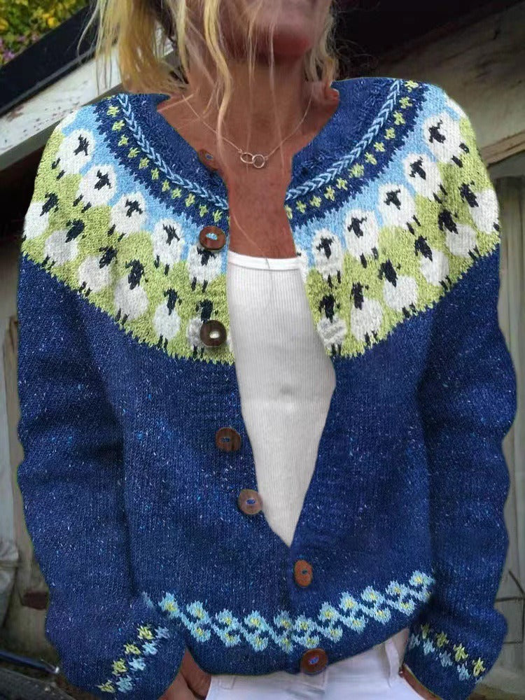 SOPHIA | Printed Blue Nordic Knit Cardigan