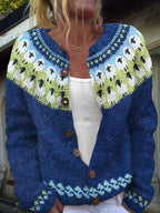 SOPHIA | Printed Blue Nordic Knit Cardigan