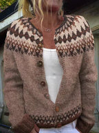 IRIS | Geometric Print Brown Nordic Knit Cardigan
