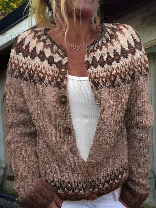 IRIS | Geometric Print Brown Nordic Knit Cardigan