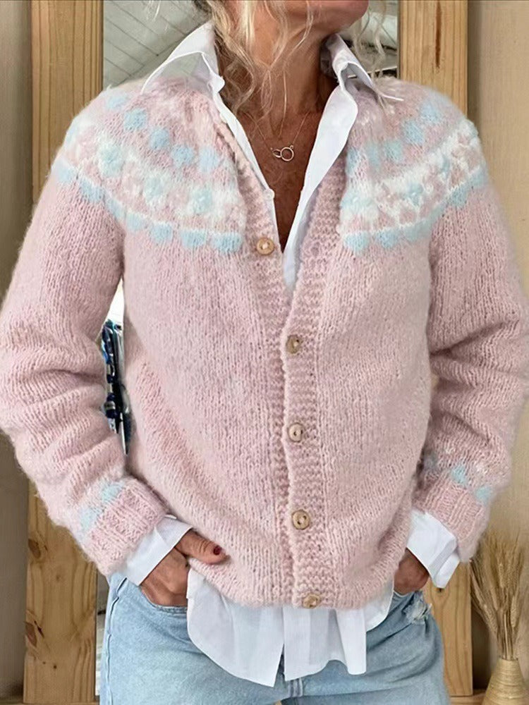 SELENA | Ribbed Blue Nordic Knit Cardigan Pink