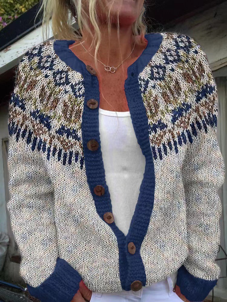 HARPER | Ribbed Olive Green Nordic Knit Cardigan Printed