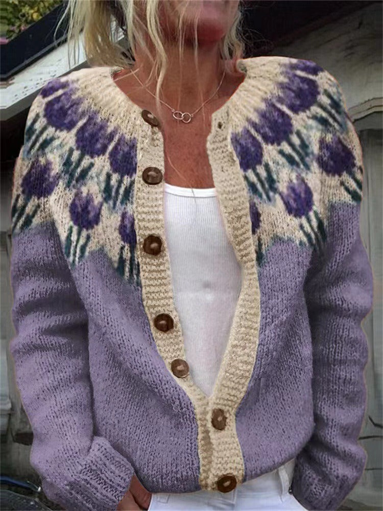 JOSEPHINE | Floral Print Purple Nordic Knit Cardigan