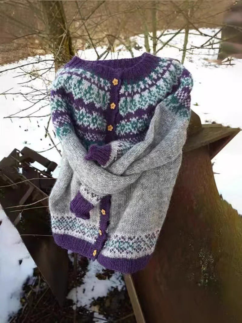 NAOMI | Floral Print Purple Nordic Knit Cardigan Ribbed