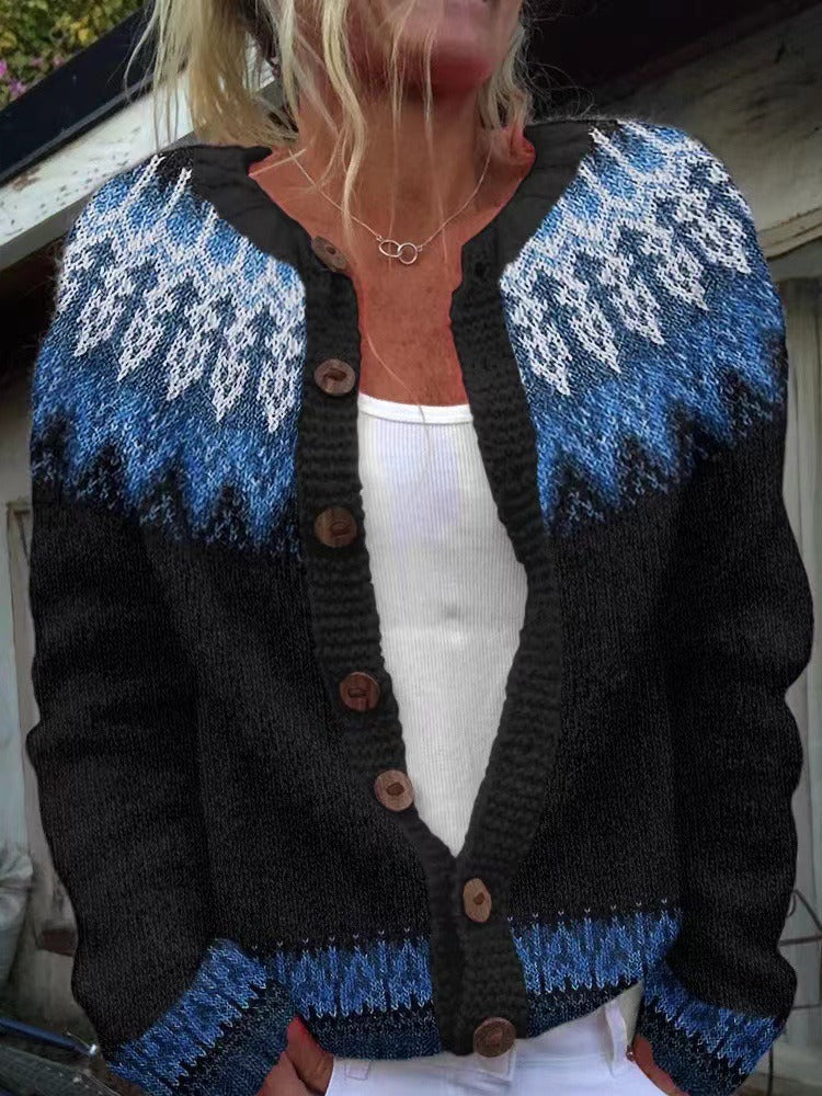 GIANNA | Geometric Print Blue Nordic Knit Cardigan Relaxed