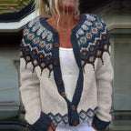 KARA | Geometric Print Blue Nordic Knit Cardigan Printed