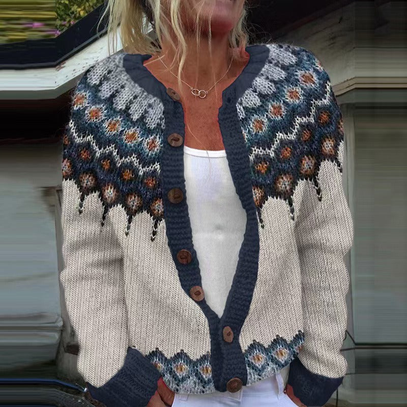 KARA | Geometric Print Blue Nordic Knit Cardigan Printed