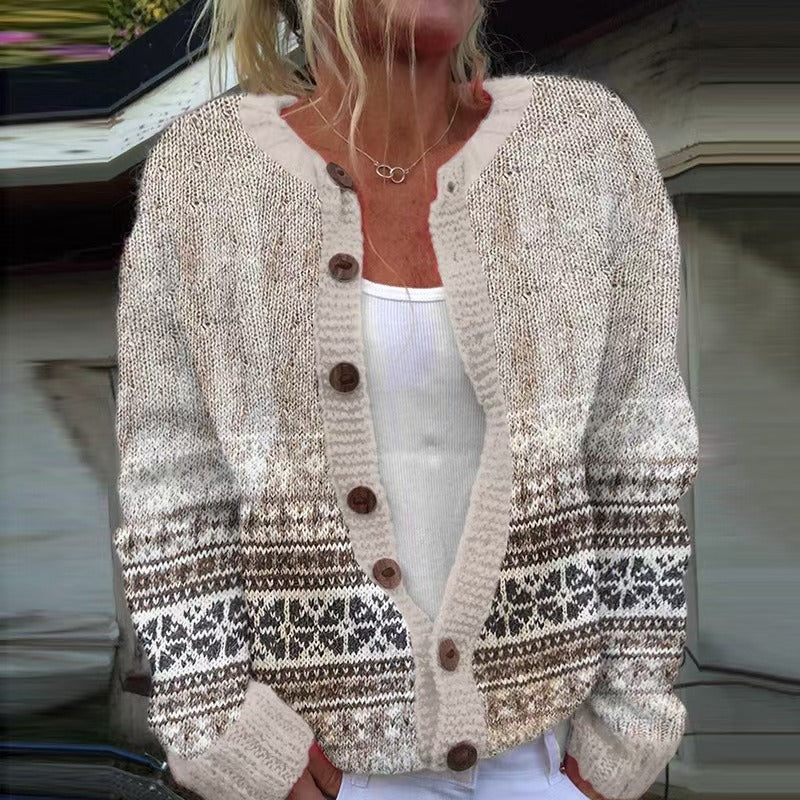 BRIELLE | Geometric Print Nordic Knit Cardigan Ribbed