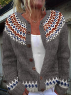 BELLA | Geometric Print Blue Nordic Knit Cardigan Ribbed