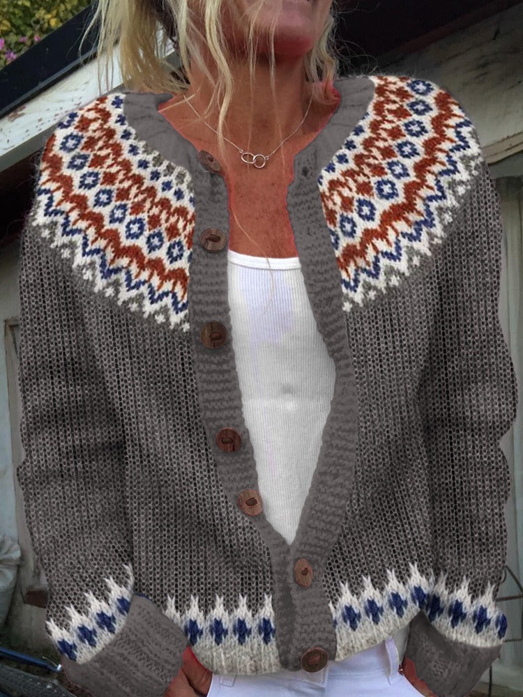 BELLA | Geometric Print Blue Nordic Knit Cardigan Ribbed