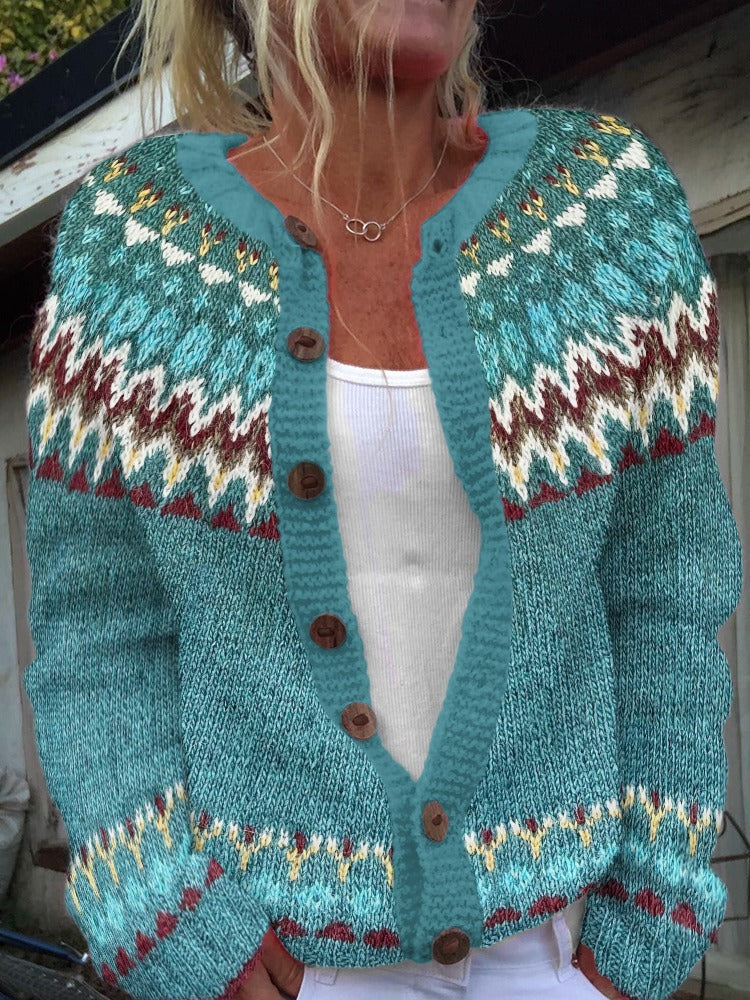 SERAPHINA | Geometric Print Teal Nordic Knit Cardigan Printed